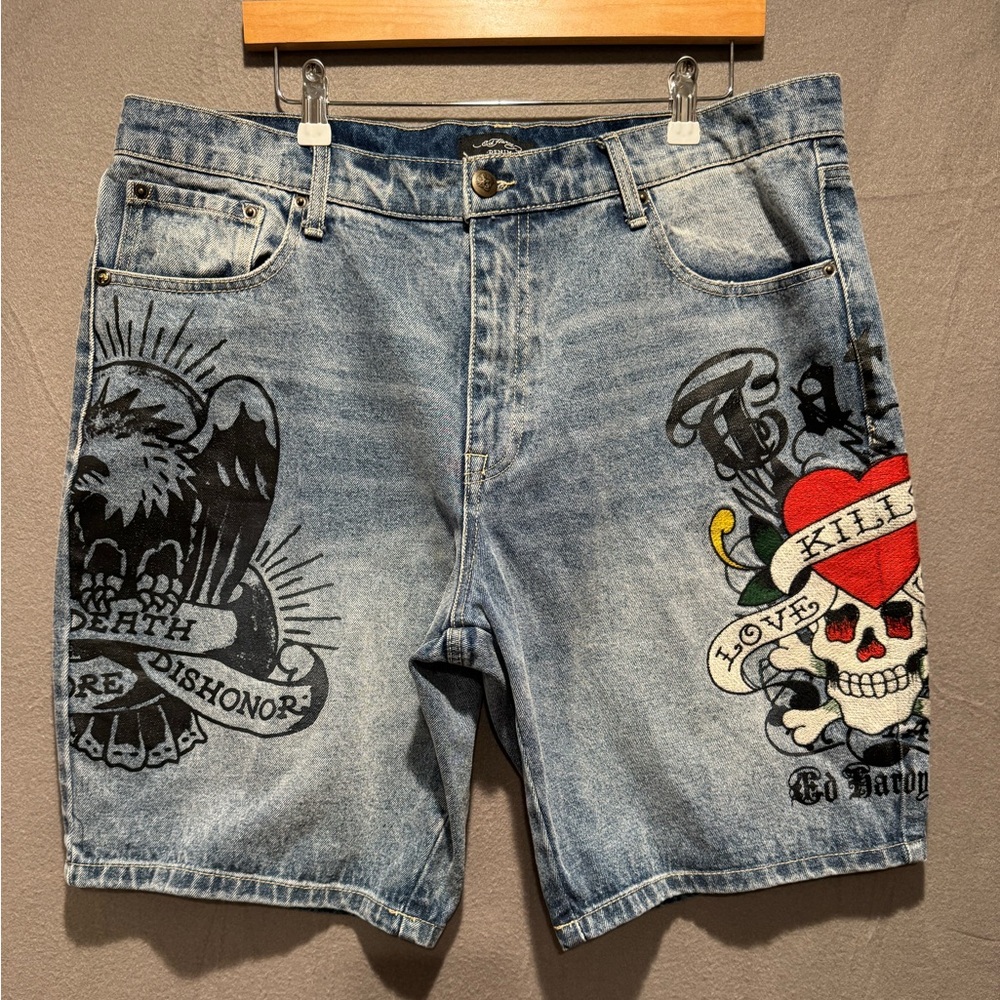Ed Hardy Jean Shorts with Skull and Heart Graphics